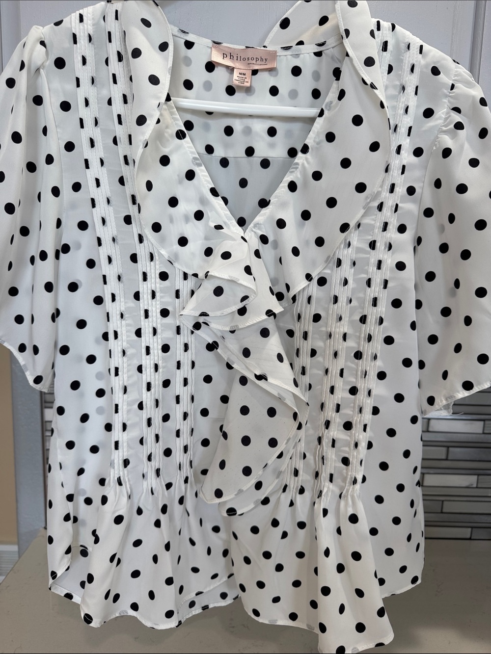 Philosophy White Blouse with Black Polka Dots and Ruffle Front